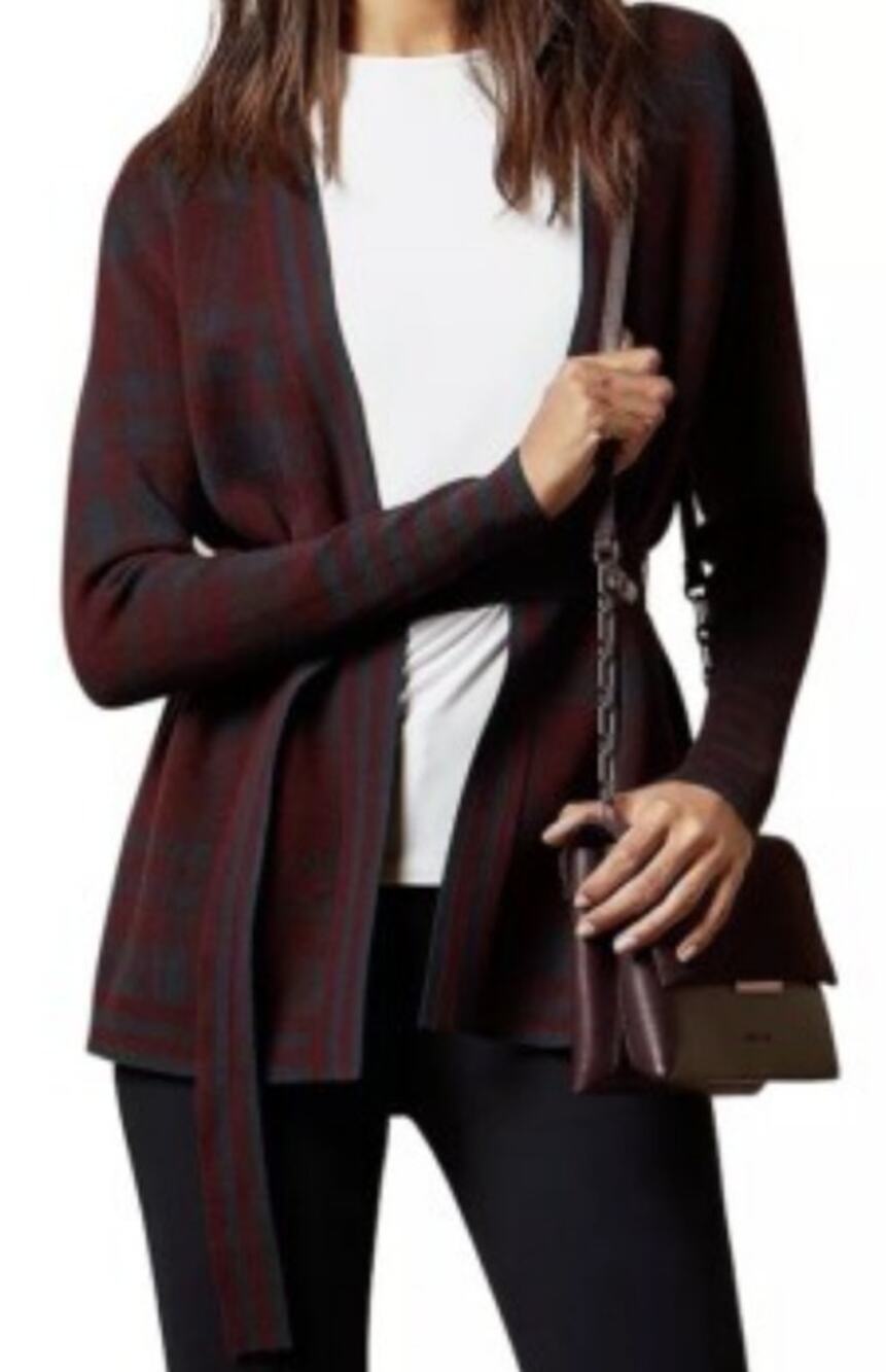 Ted Baker Isslaii Cardigan Long Line Belted Cinch Plaid Oxblood Navy 4 S